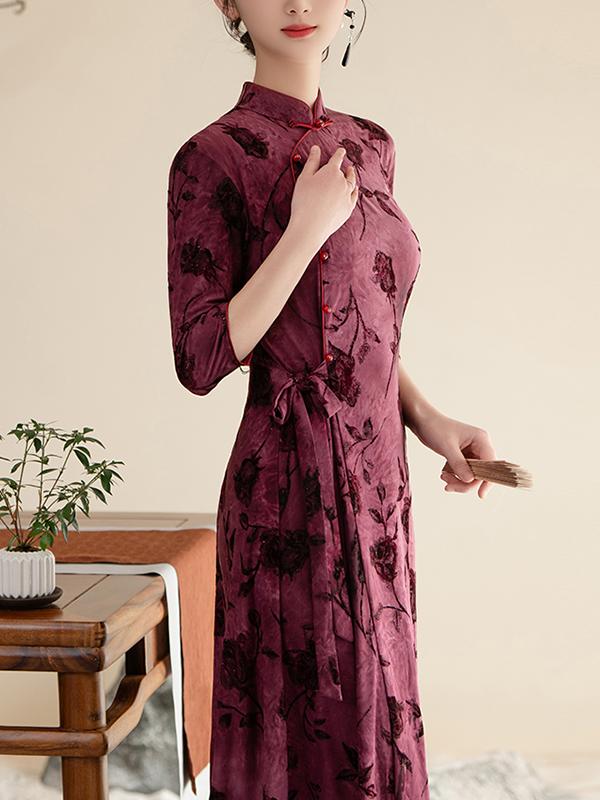 Floral Print Belt Mothers A-Line Cheongsam Qipao Dress