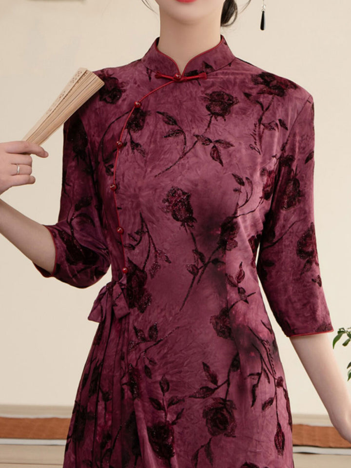 Floral Print Belt Mothers A-Line Cheongsam Qipao Dress