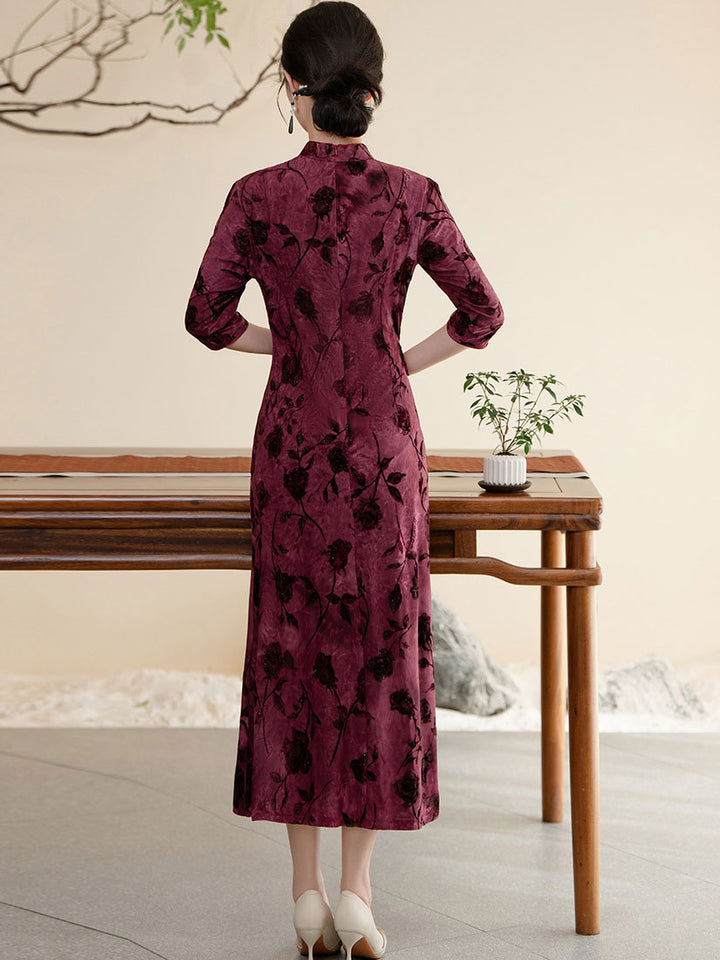 Floral Print Belt Mothers A-Line Cheongsam Qipao Dress