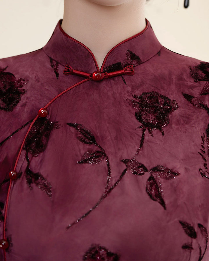 Floral Print Belt Mothers A-Line Cheongsam Qipao Dress