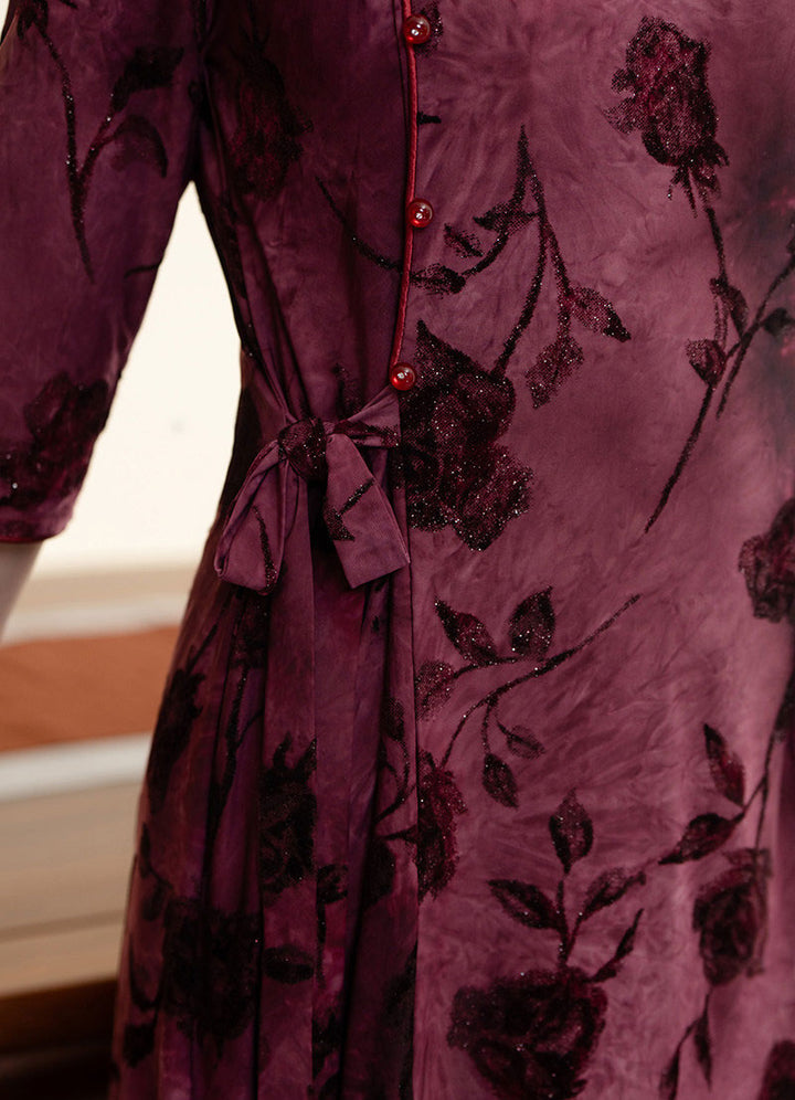 Floral Print Belt Mothers A-Line Cheongsam Qipao Dress