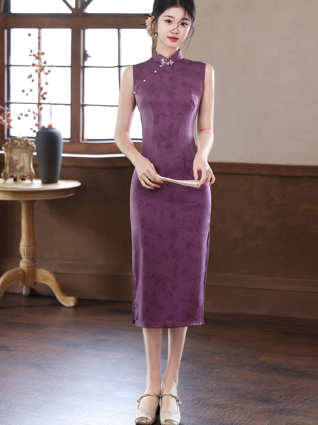 Purple Jacquard Sleeveless Midi Cheongsam Qipao Dress