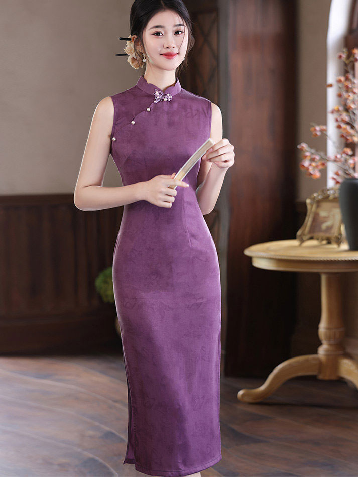 Purple Jacquard Sleeveless Midi Cheongsam Qipao Dress