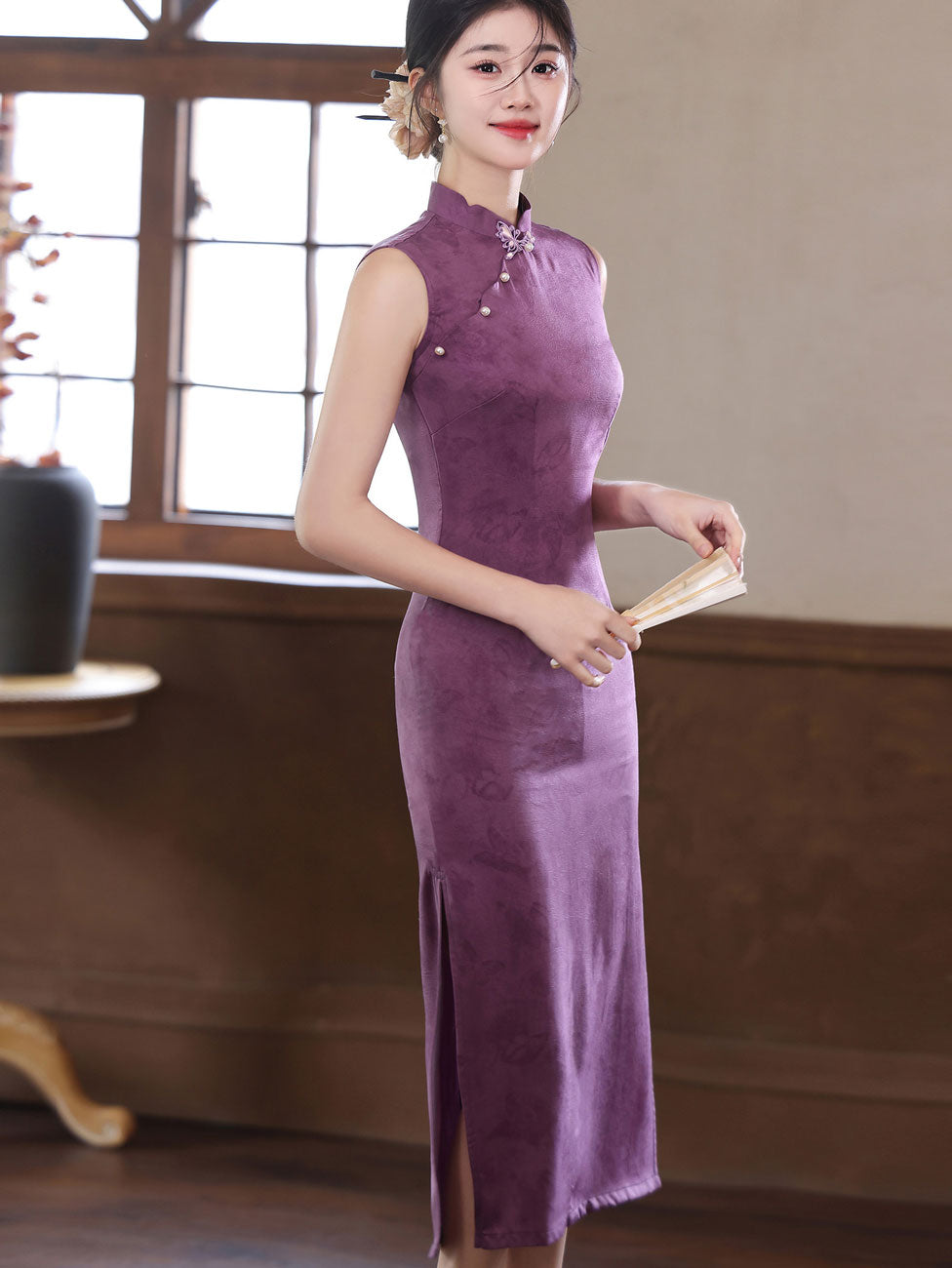 Purple Jacquard Sleeveless Midi Cheongsam Qipao Dress