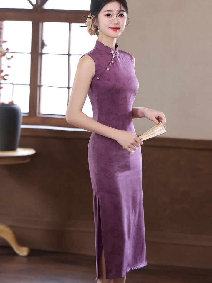 Purple Jacquard Sleeveless Midi Cheongsam Qipao Dress