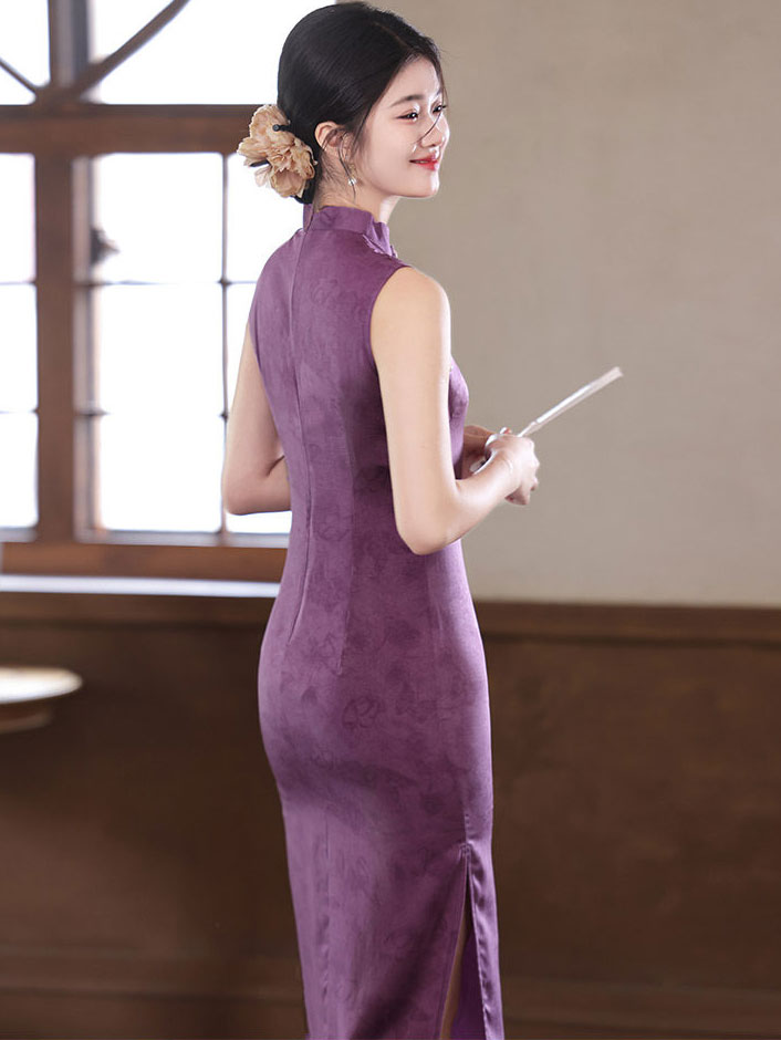 Purple Jacquard Sleeveless Midi Cheongsam Qipao Dress