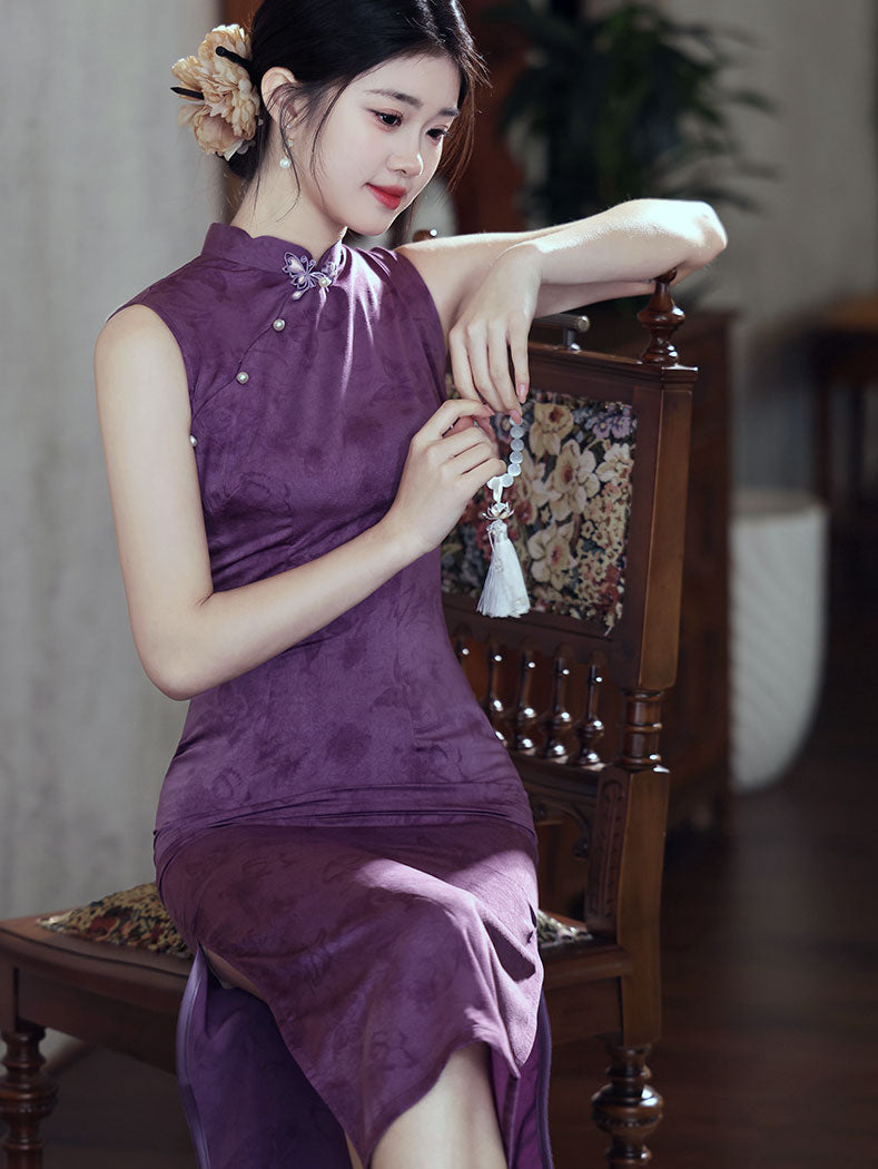 Purple Jacquard Sleeveless Midi Cheongsam Qipao Dress