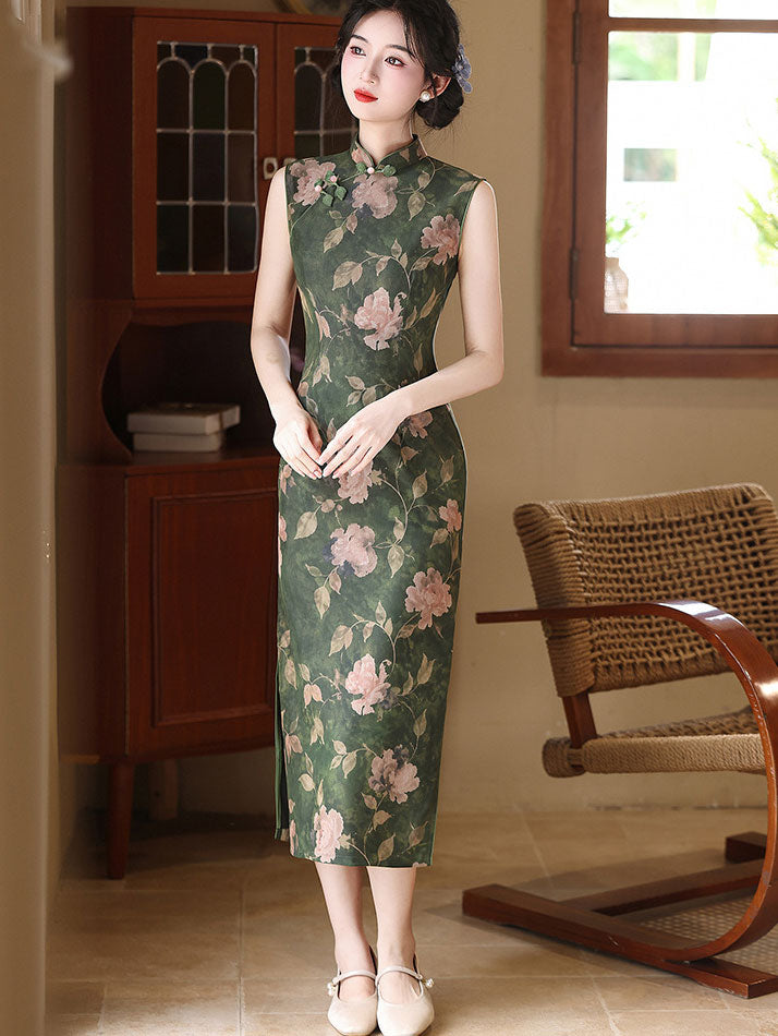 Forest Green Floral Print Cheongsam Qipao Dress