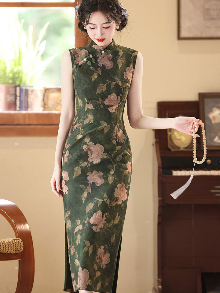 Forest Green Floral Print Cheongsam Qipao Dress