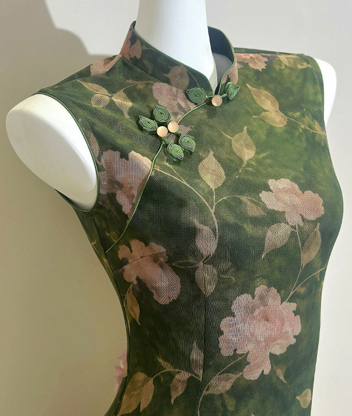 Forest Green Floral Print Cheongsam Qipao Dress