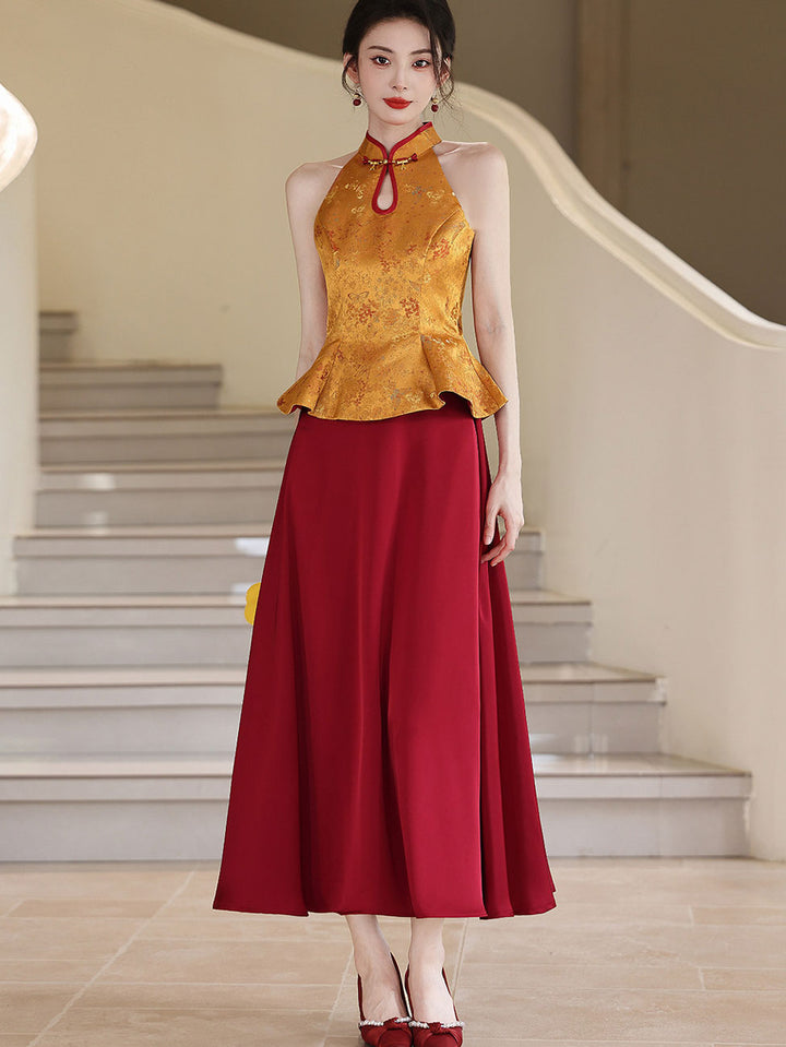 Fake Two-Piece Color Block Wedding Halter Cheongsam Dress