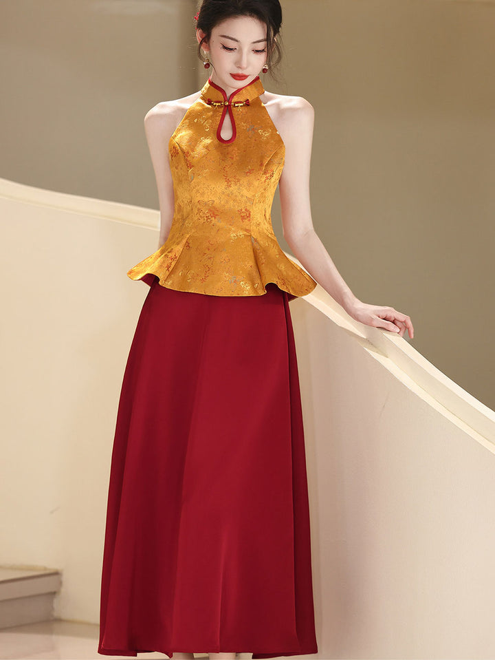 Fake Two-Piece Color Block Wedding Halter Cheongsam Dress