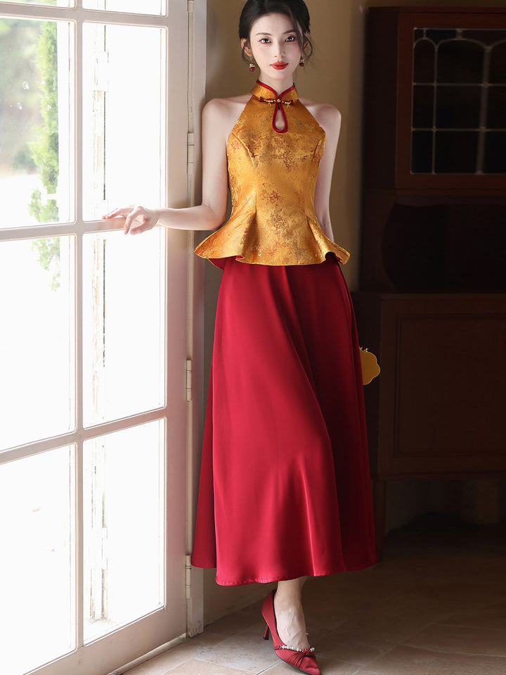 Fake Two-Piece Color Block Wedding Halter Cheongsam Dress