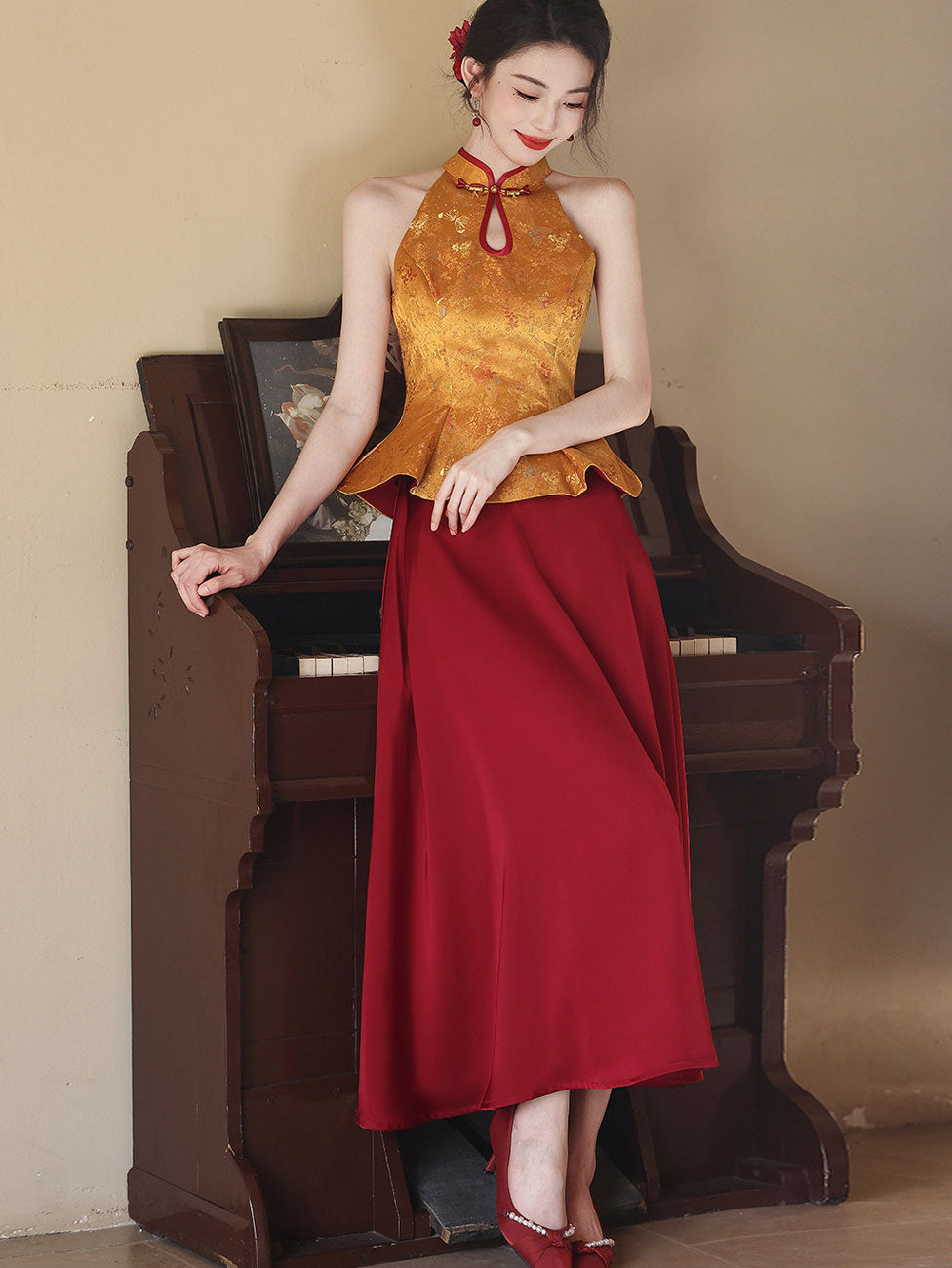 Fake Two-Piece Color Block Wedding Halter Cheongsam Dress