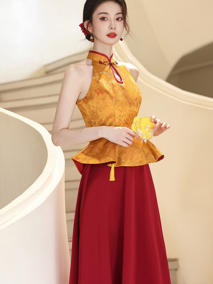 Fake Two-Piece Color Block Wedding Halter Cheongsam Dress