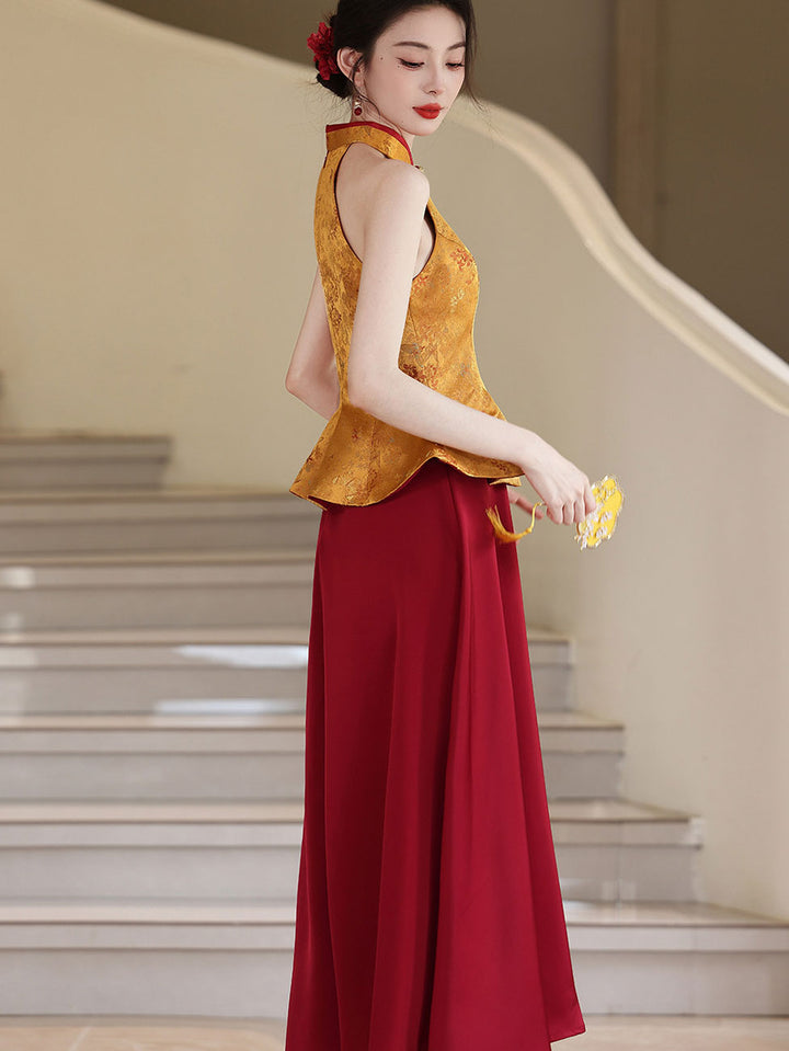 Fake Two-Piece Color Block Wedding Halter Cheongsam Dress