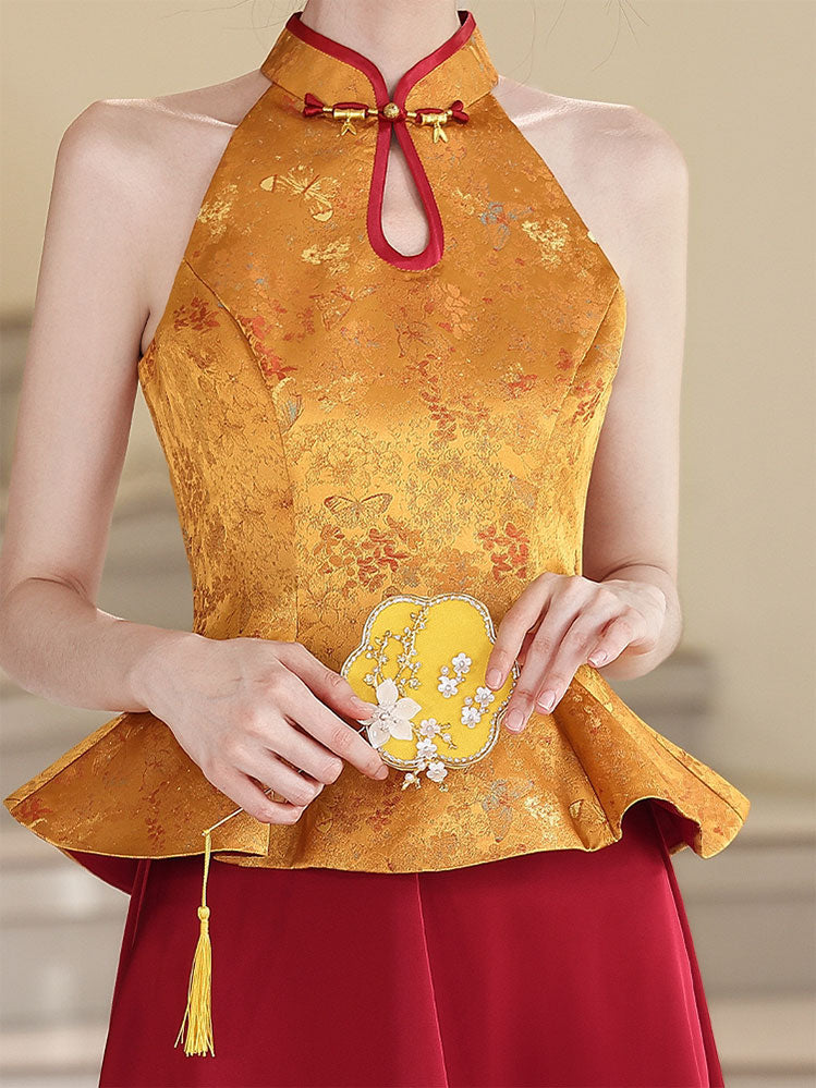Fake Two-Piece Color Block Wedding Halter Cheongsam Dress