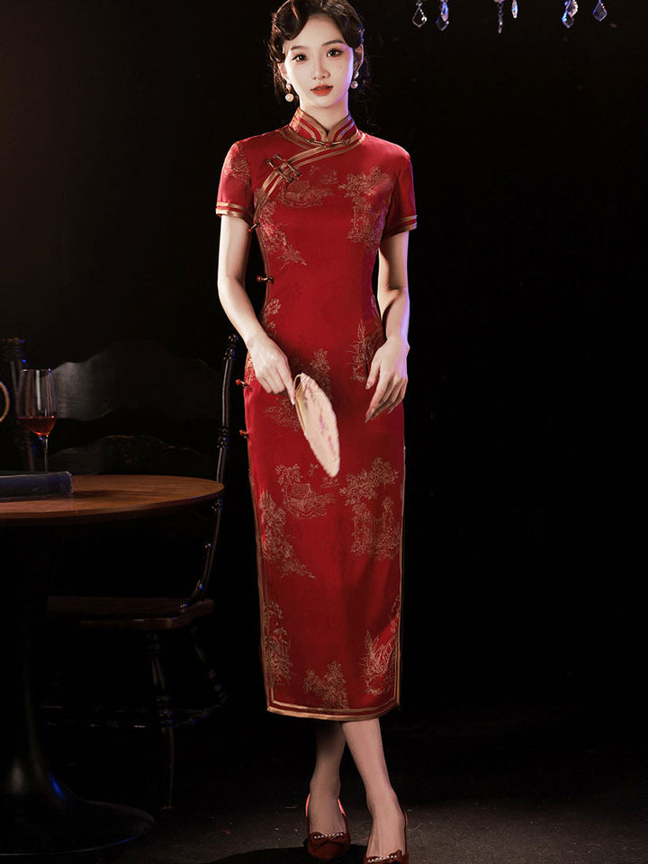 Red Satin Jacquard Maxi Cheongsam Qipao Dress