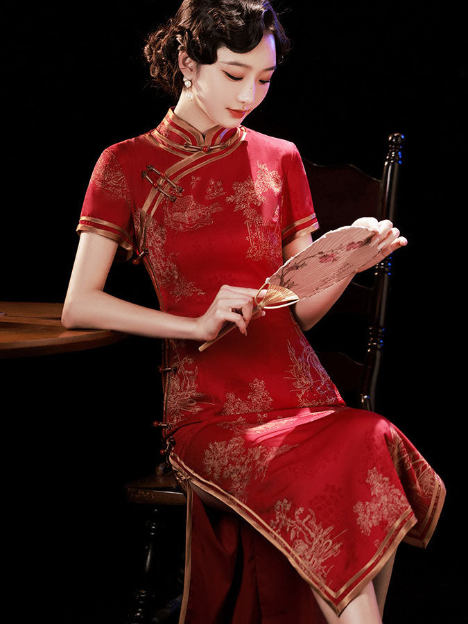 Red Satin Jacquard Maxi Cheongsam Qipao Dress