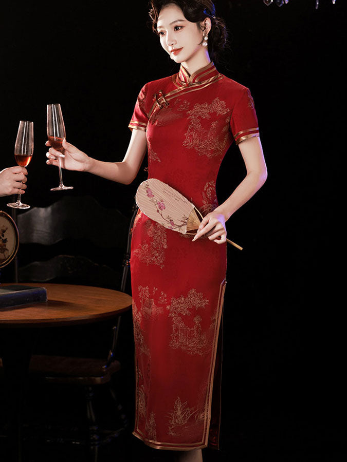 Red Satin Jacquard Maxi Cheongsam Qipao Dress