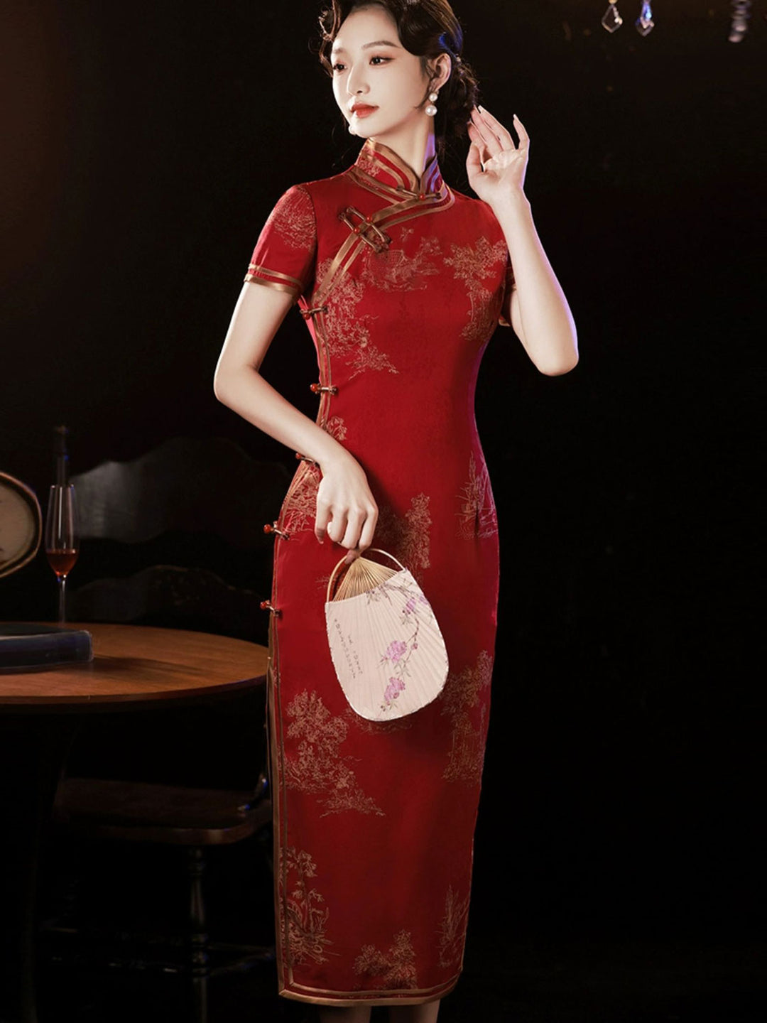 Red Satin Jacquard Maxi Cheongsam Qipao Dress