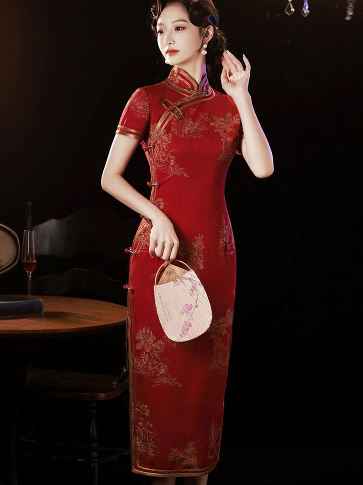 Red Satin Jacquard Maxi Cheongsam Qipao Dress
