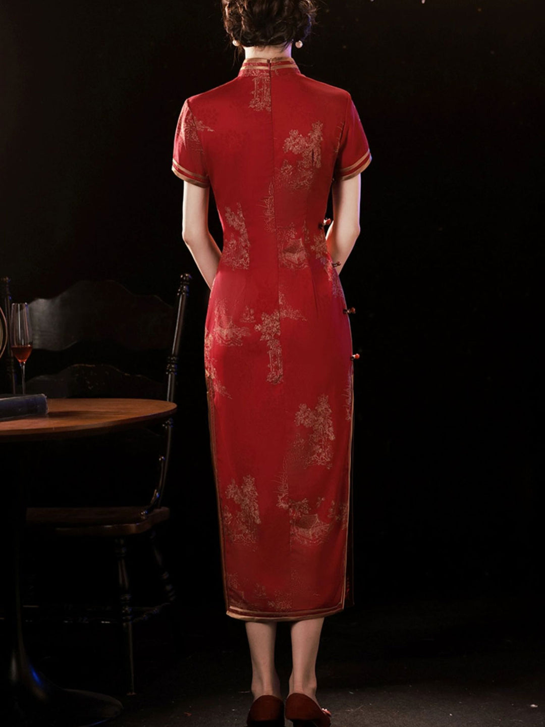 Red Satin Jacquard Maxi Cheongsam Qipao Dress