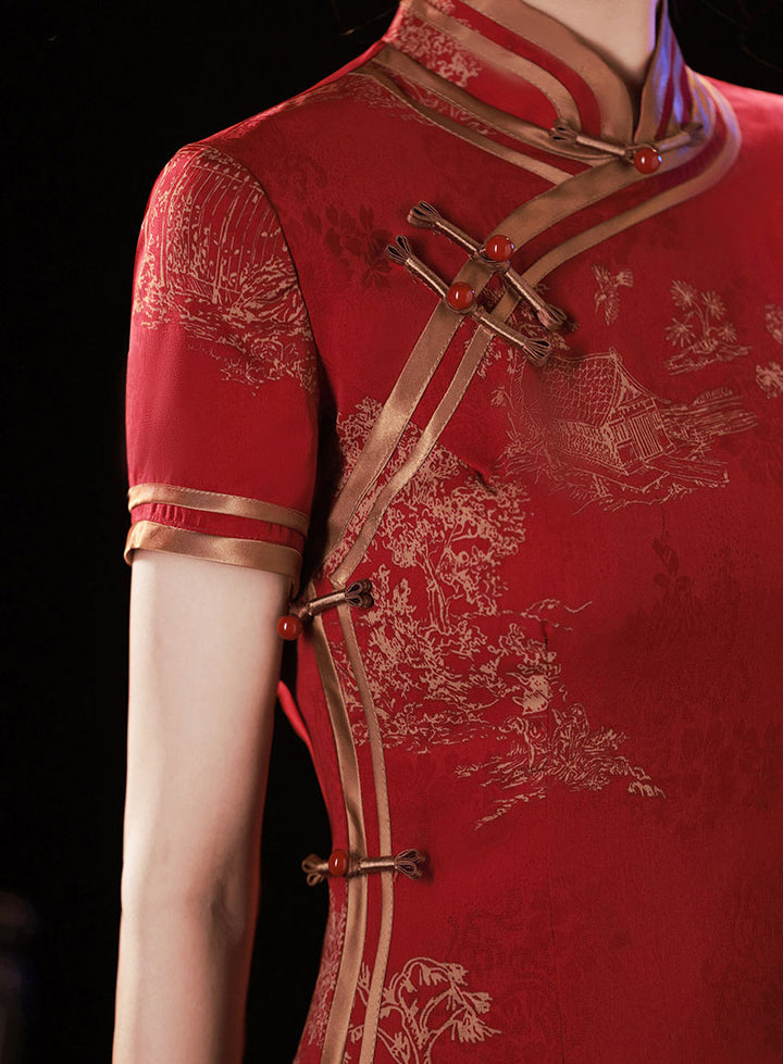 Red Satin Jacquard Maxi Cheongsam Qipao Dress