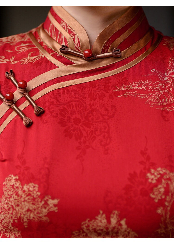 Red Satin Jacquard Maxi Cheongsam Qipao Dress