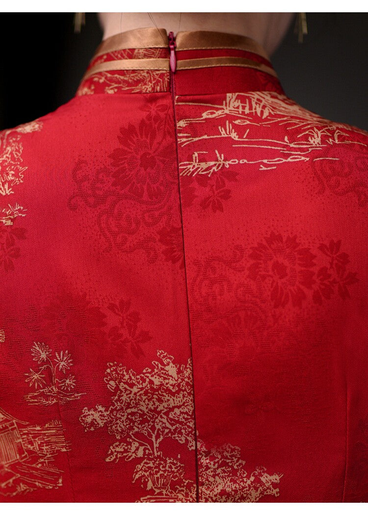 Red Satin Jacquard Maxi Cheongsam Qipao Dress