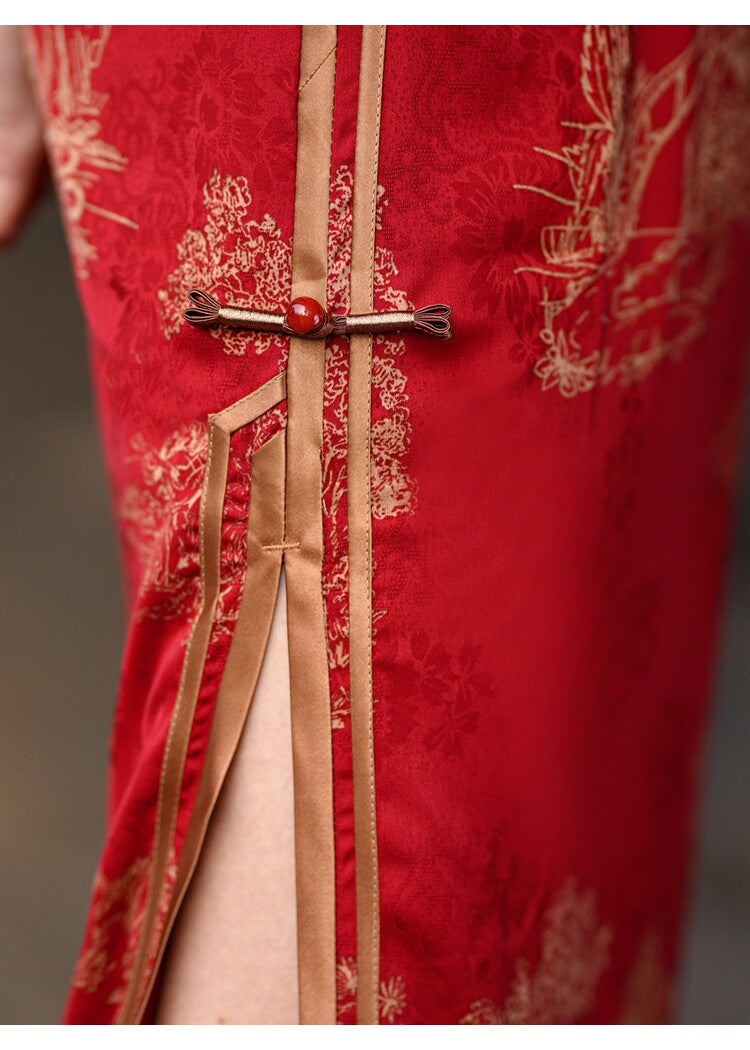 Red Satin Jacquard Maxi Cheongsam Qipao Dress