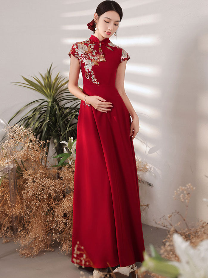 Burgundy A-Line Bridal Wedding Qipao Cheongsam Dress