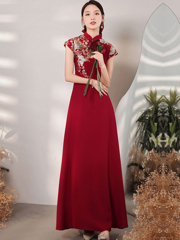 Burgundy A-Line Bridal Wedding Qipao Cheongsam Dress