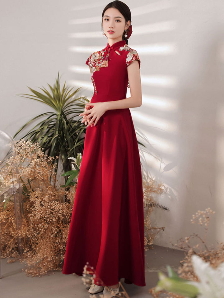 Burgundy A-Line Bridal Wedding Qipao Cheongsam Dress