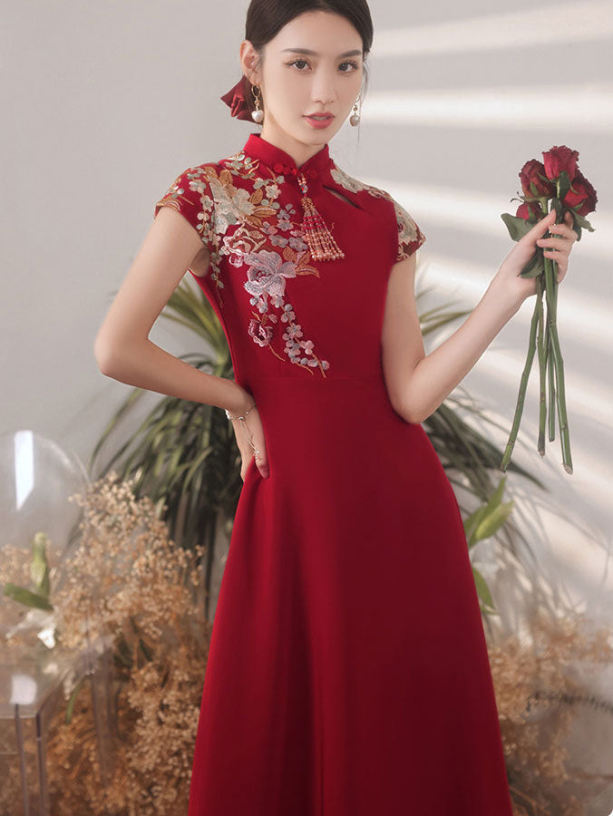 Burgundy A-Line Bridal Wedding Qipao Cheongsam Dress
