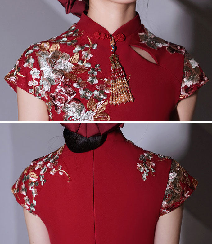 Burgundy A-Line Bridal Wedding Qipao Cheongsam Dress