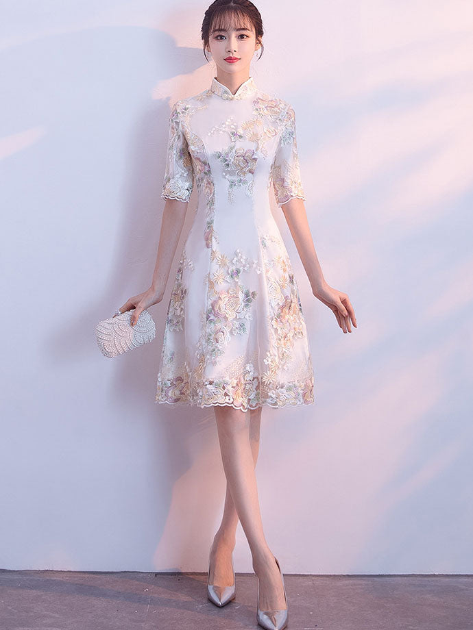 Embroidered A-Line Bridesmaids Cheongsam Qipao Dress