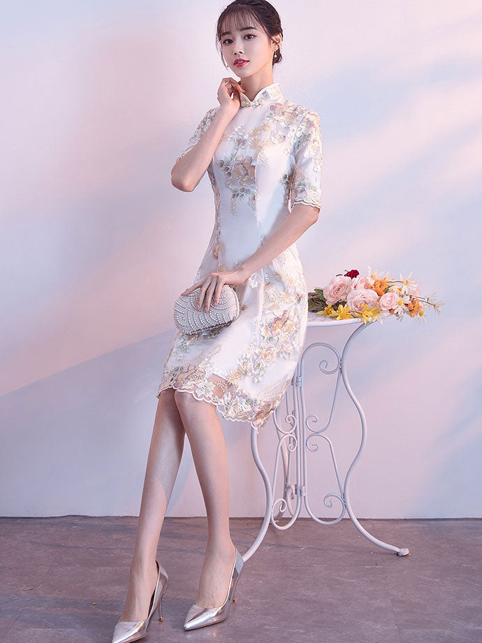 Embroidered A-Line Bridesmaids Cheongsam Qipao Dress
