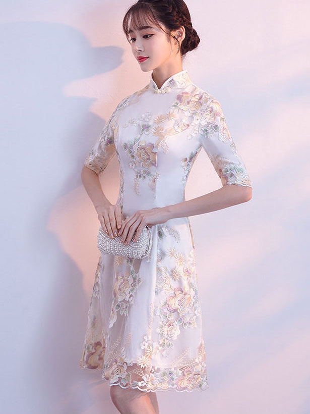Embroidered A-Line Bridesmaids Cheongsam Qipao Dress