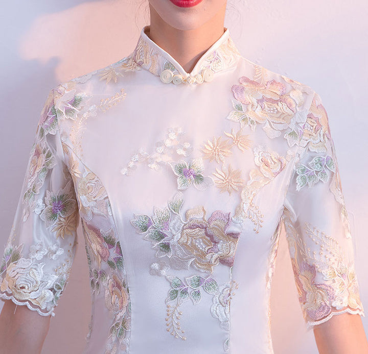 Embroidered A-Line Bridesmaids Cheongsam Qipao Dress