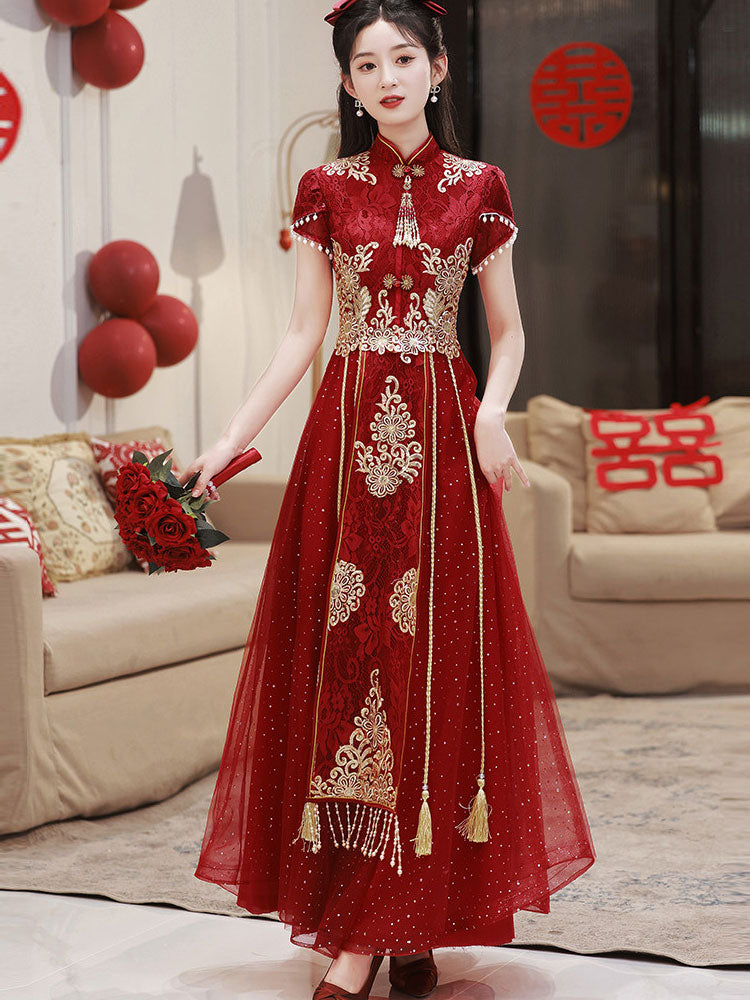 Burgundy Appliques A-Line Tulle Wedding Cheongsam Qipao Dress
