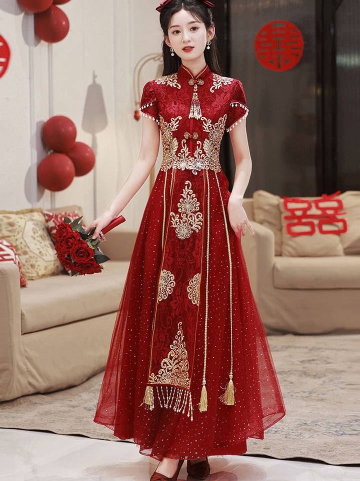 Burgundy Appliques A-Line Tulle Wedding Cheongsam Qipao Dress