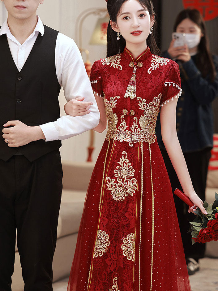 Burgundy Appliques A-Line Tulle Wedding Cheongsam Qipao Dress