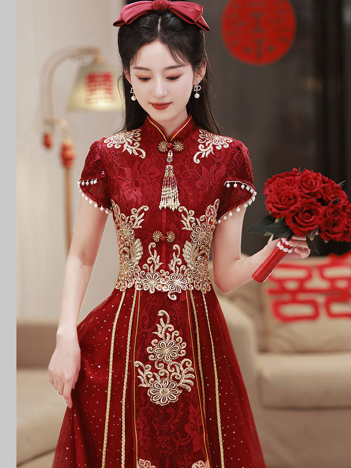 Burgundy Appliques A-Line Tulle Wedding Cheongsam Qipao Dress