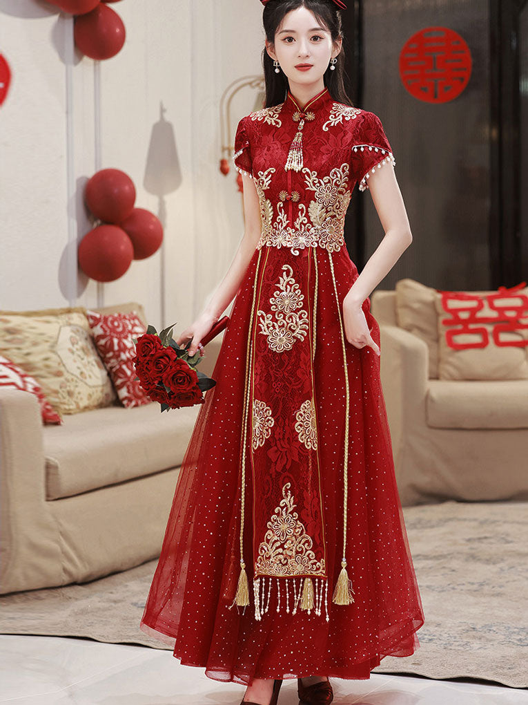 Burgundy Appliques A-Line Tulle Wedding Cheongsam Qipao Dress