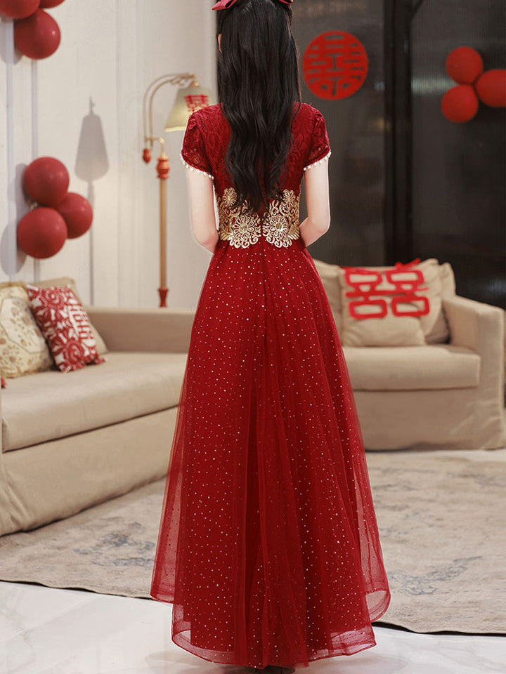 Burgundy Appliques A-Line Tulle Wedding Cheongsam Qipao Dress