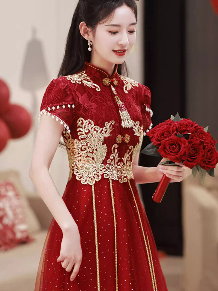 Burgundy Appliques A-Line Tulle Wedding Cheongsam Qipao Dress