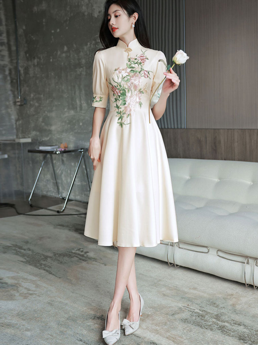 Champagne Appliques A-Line Midi Qipao Cheongsam Dress