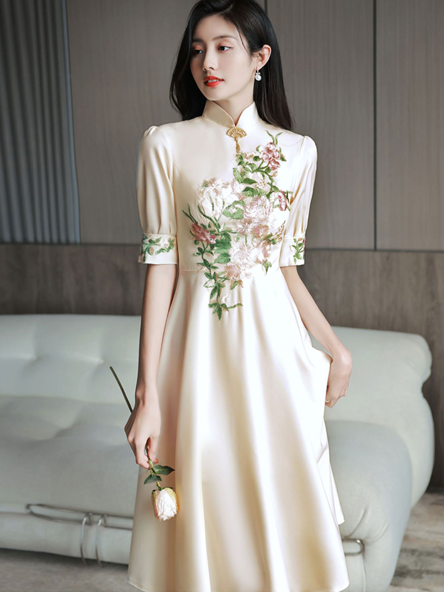 Champagne Appliques A-Line Midi Qipao Cheongsam Dress
