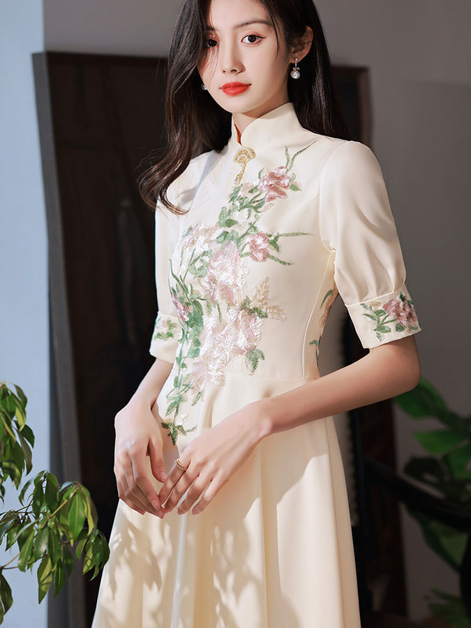 Champagne Appliques A-Line Midi Qipao Cheongsam Dress
